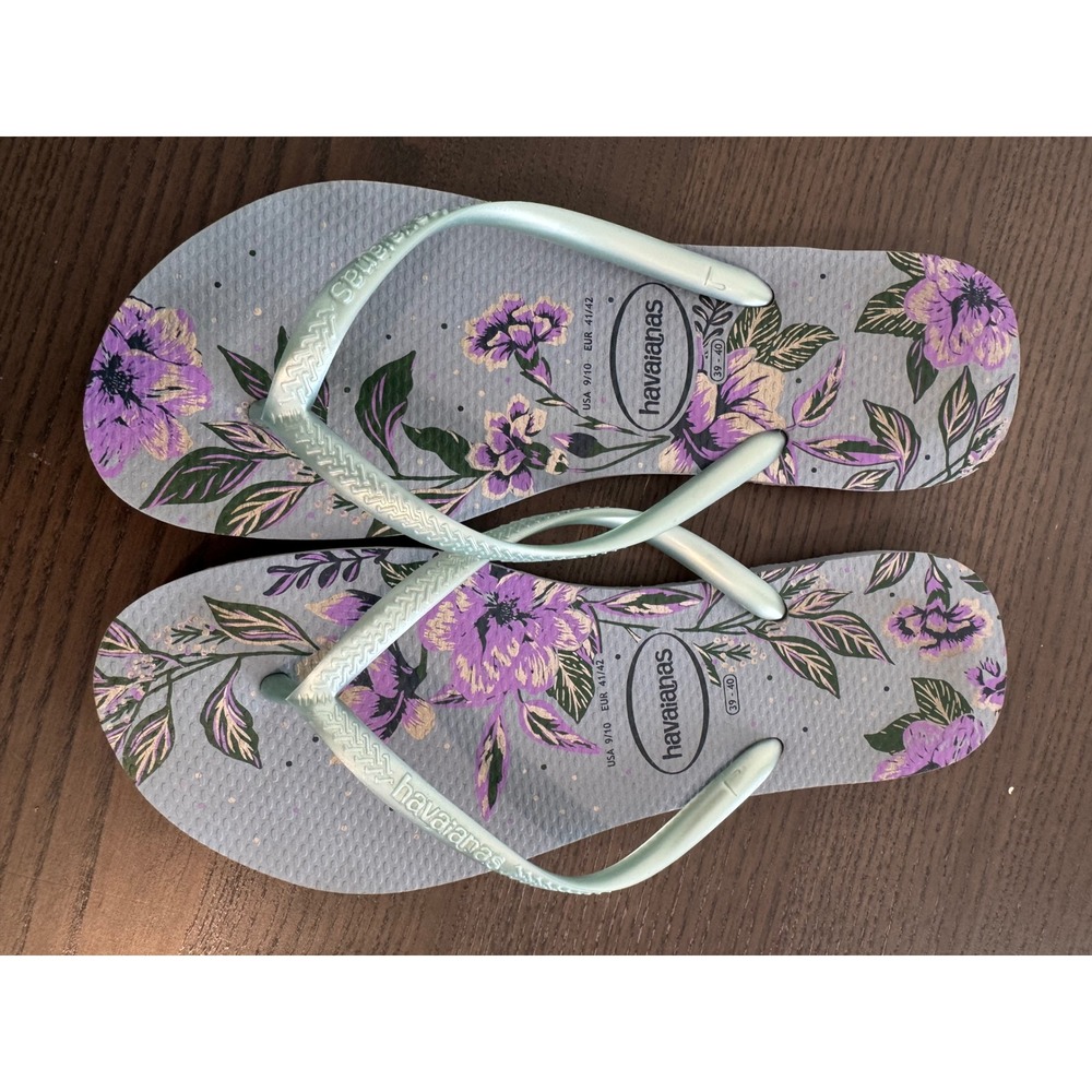 Havaianas Slim Floral Flip Flops Womens Size 9 10 Grey Purple Botanical Metallic